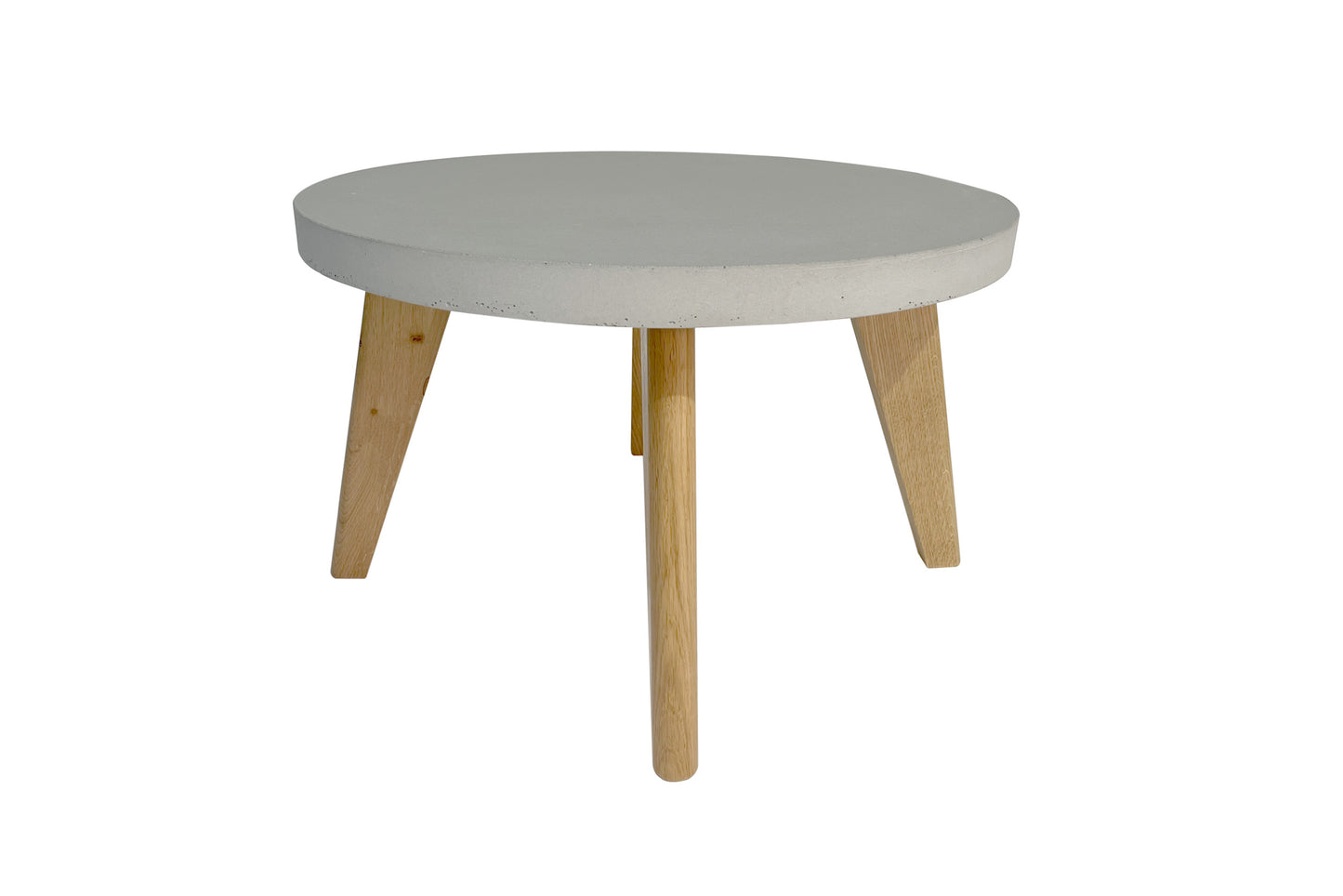 Round coffee table with a white top and wooden legs on a white background