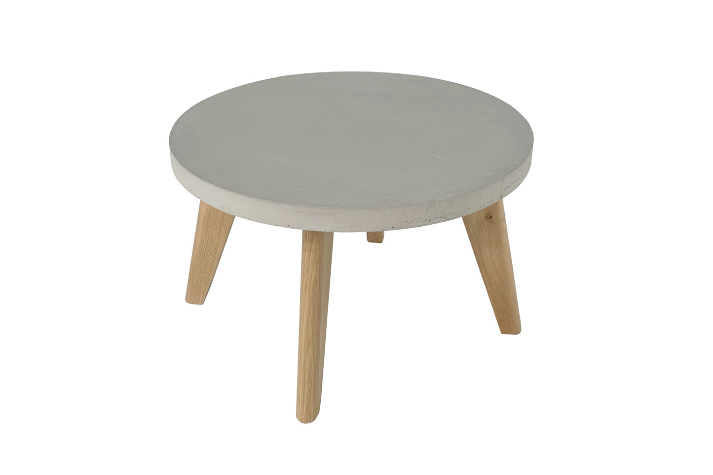 Round coffee table with light gray top and wooden legs on a white background