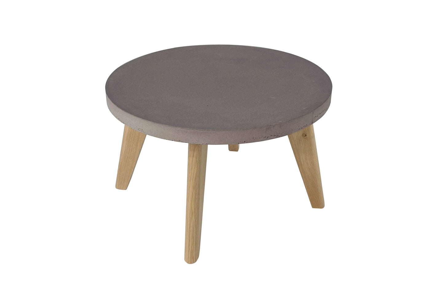 Round coffee table with gray top and wooden legs on a white background