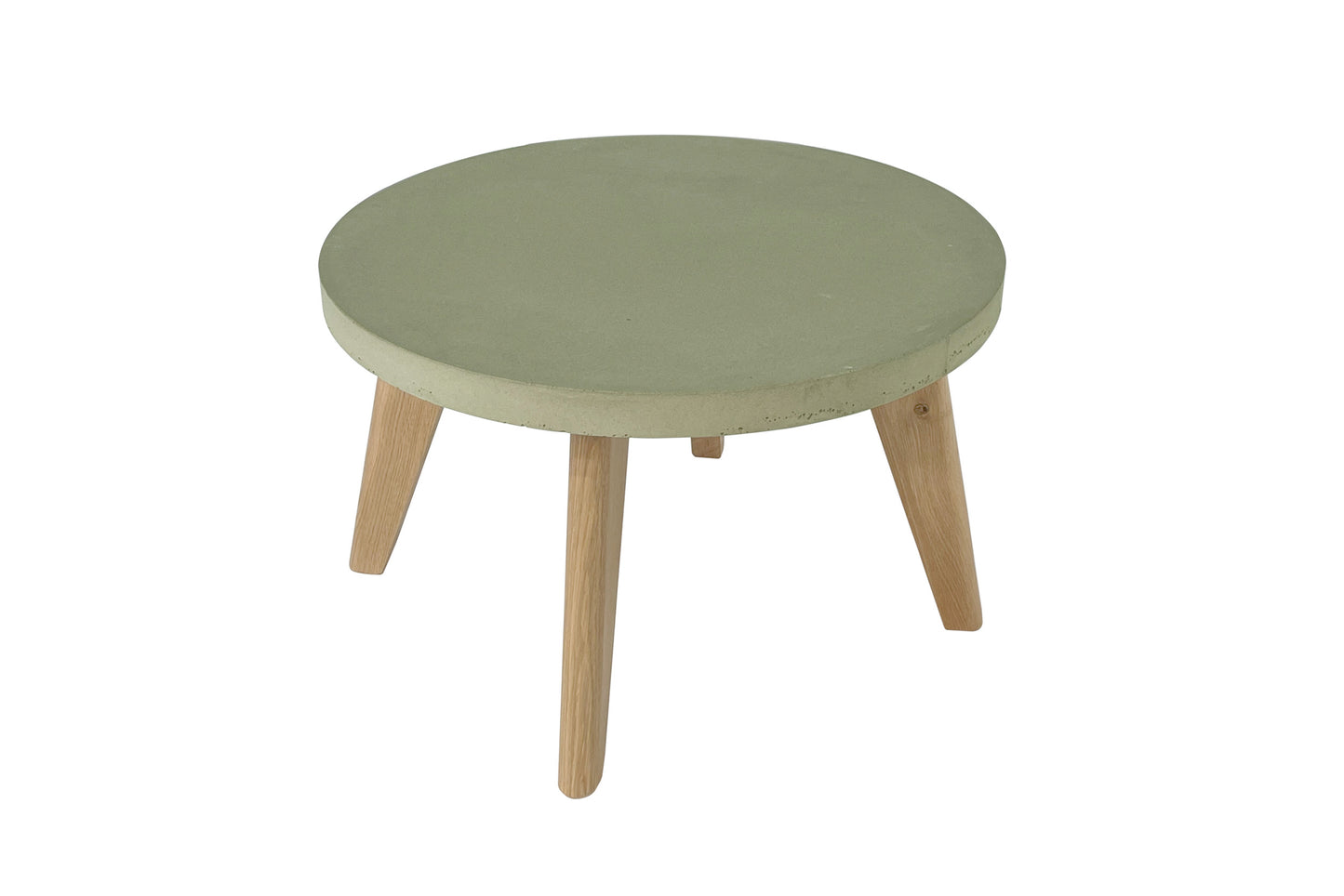 Round green table with wooden legs on a white background