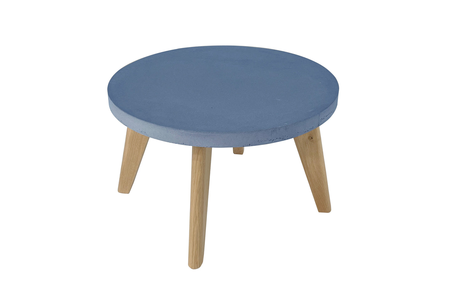 Round blue table with wooden legs on a white background