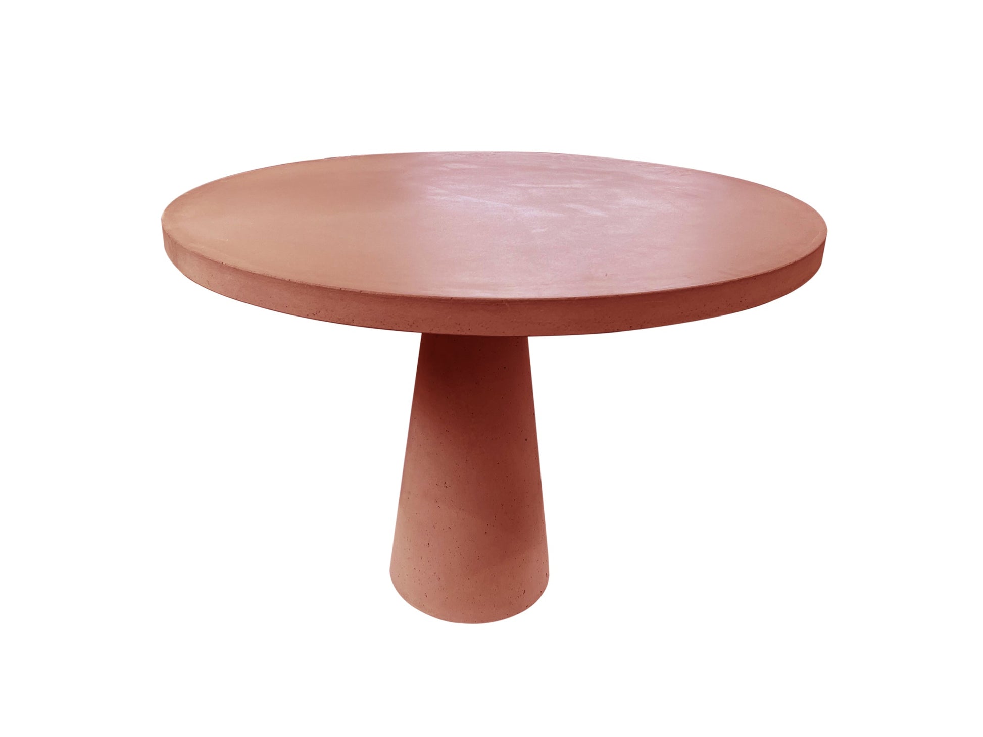 Round terracotta table with a single pedestal leg on a white background