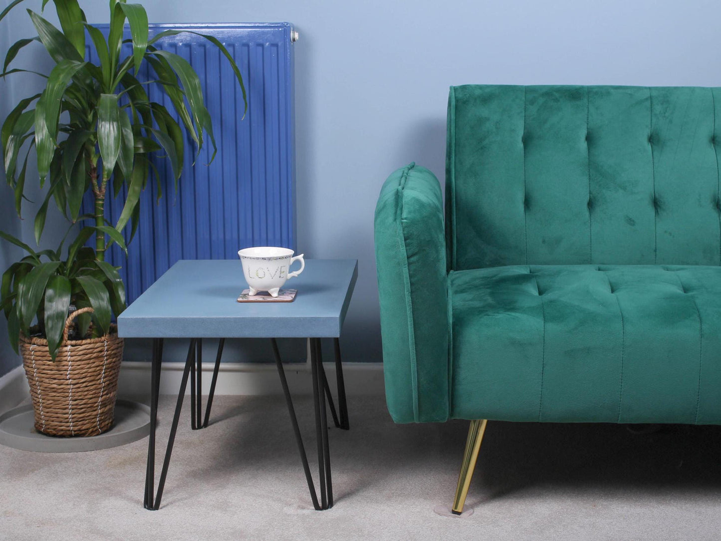 small blue concrete table with hairpin legs