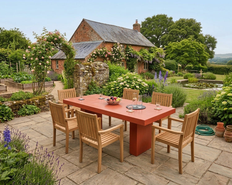 An outdoor dining set consisting of a rectangular concrete table and six light wood chairs, set on a stone patio in a lush garden with a brick cottage in the background.