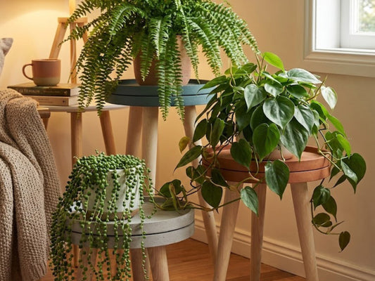 Indoor plants on wooden stools in a cozy living room.