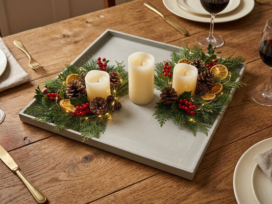 concrete christmas table centerpiece tray styled with candles and pine