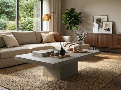 Modern living room with a beige sectional sofa, concrete coffee table, and decorative items.
