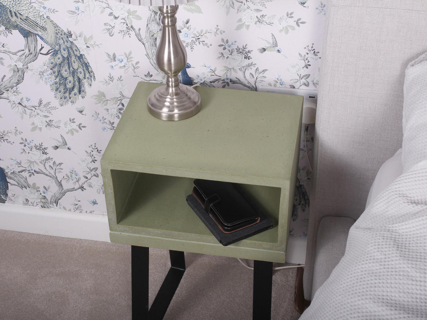 Green concrete bedside table with trapezium legs 2