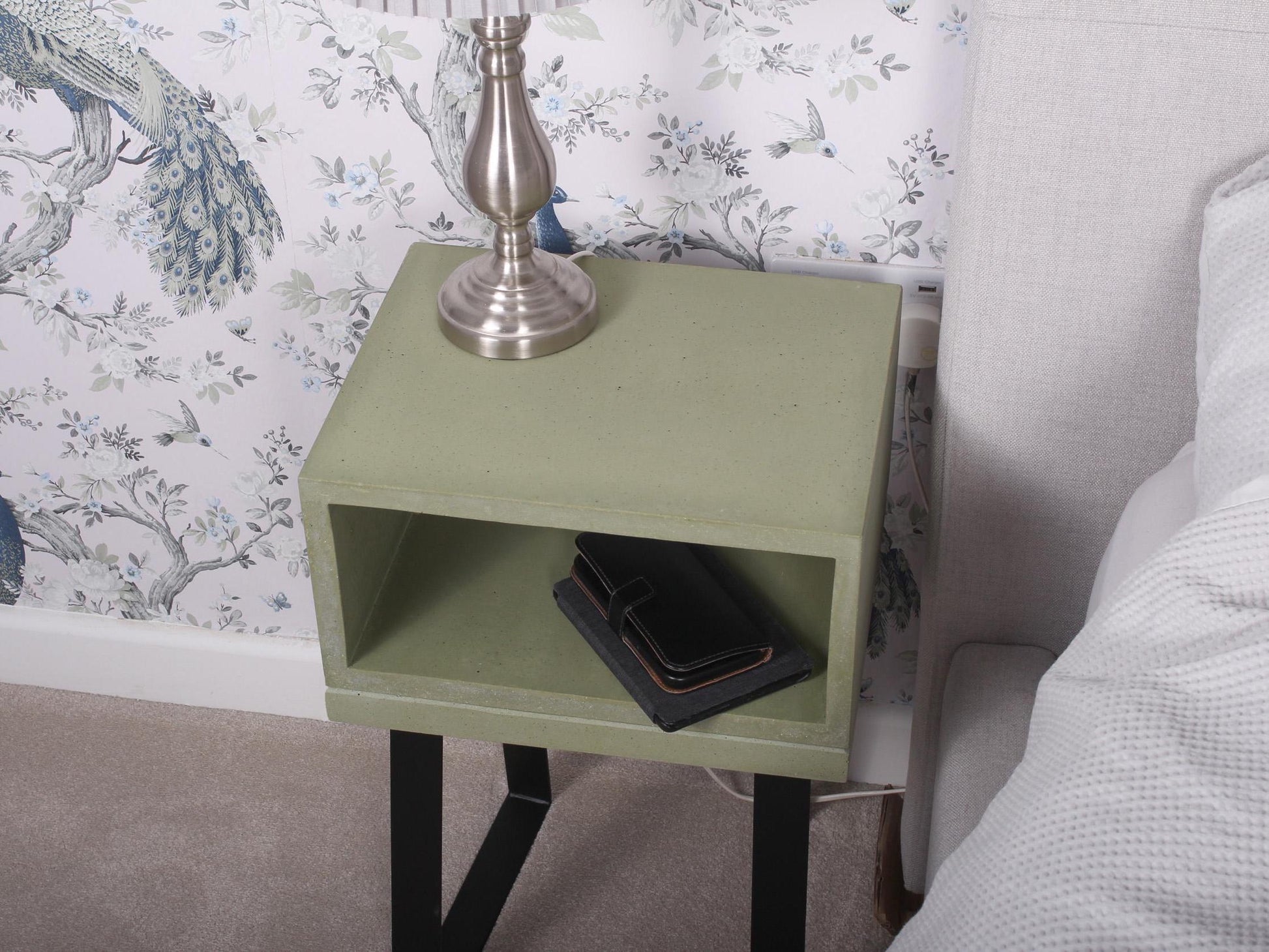 Green concrete bedside table with trapezium legs 2