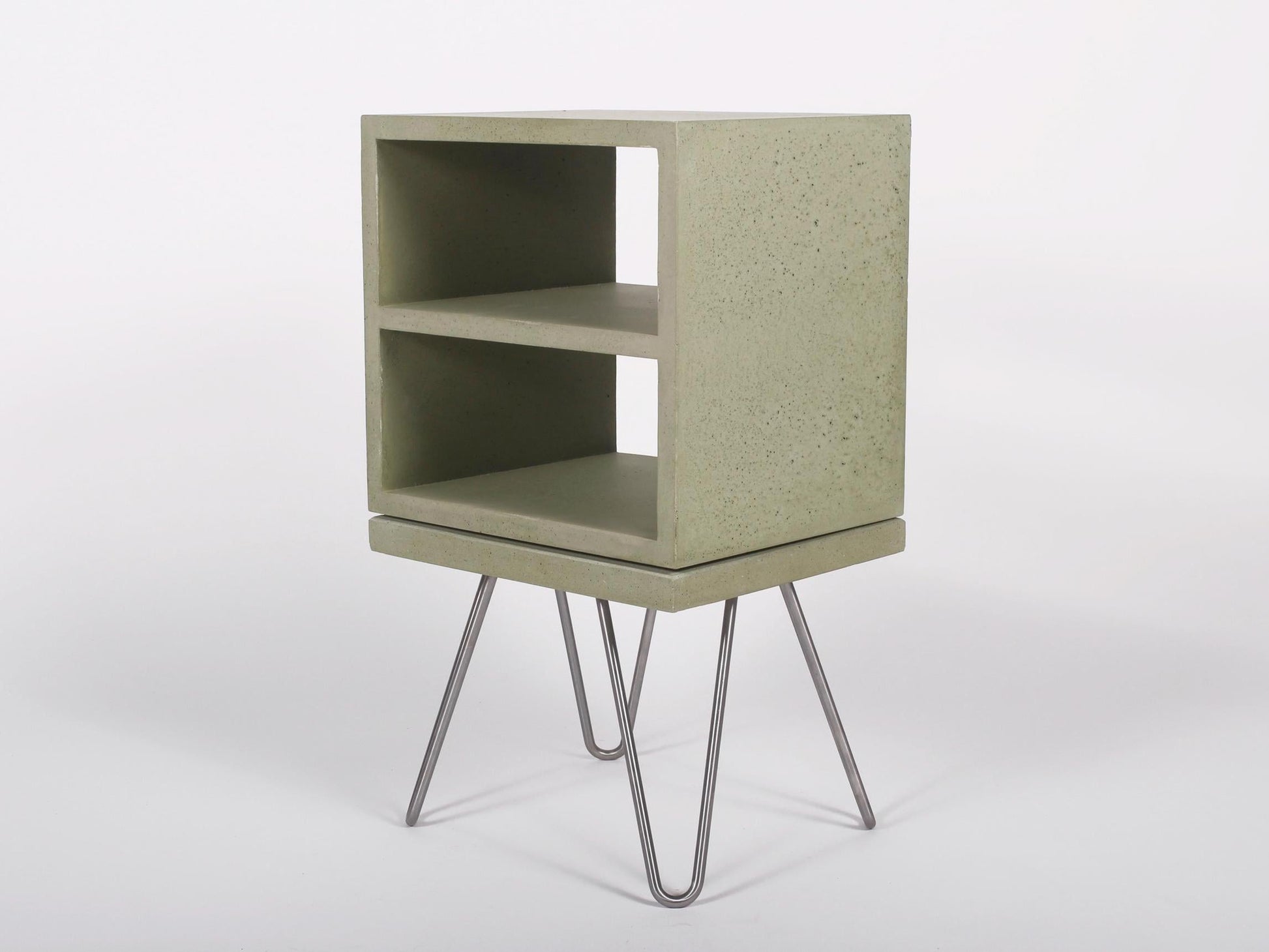 Green concrete bedside double shelf table with hairpin legs
