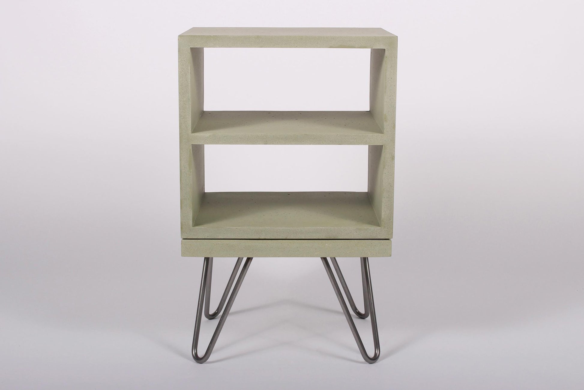 Green concrete bedside double shelf table with hairpin legs_FRONT VIEW