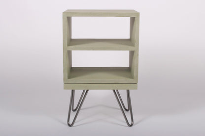 Green concrete bedside double shelf table with hairpin legs_FRONT VIEW