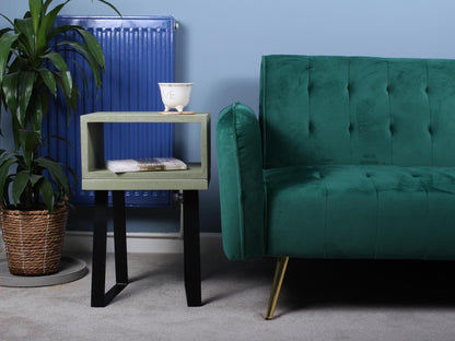 Green concrete bedside table with trapezium legs
