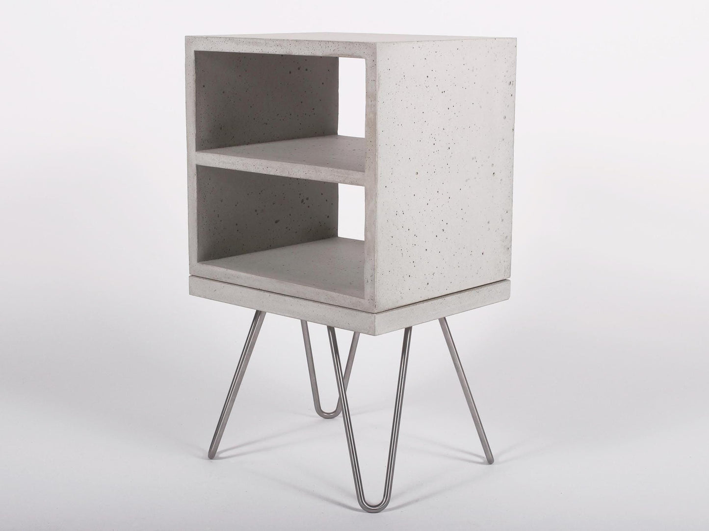 Grey concrete bedside double shelf table with hairpin legs