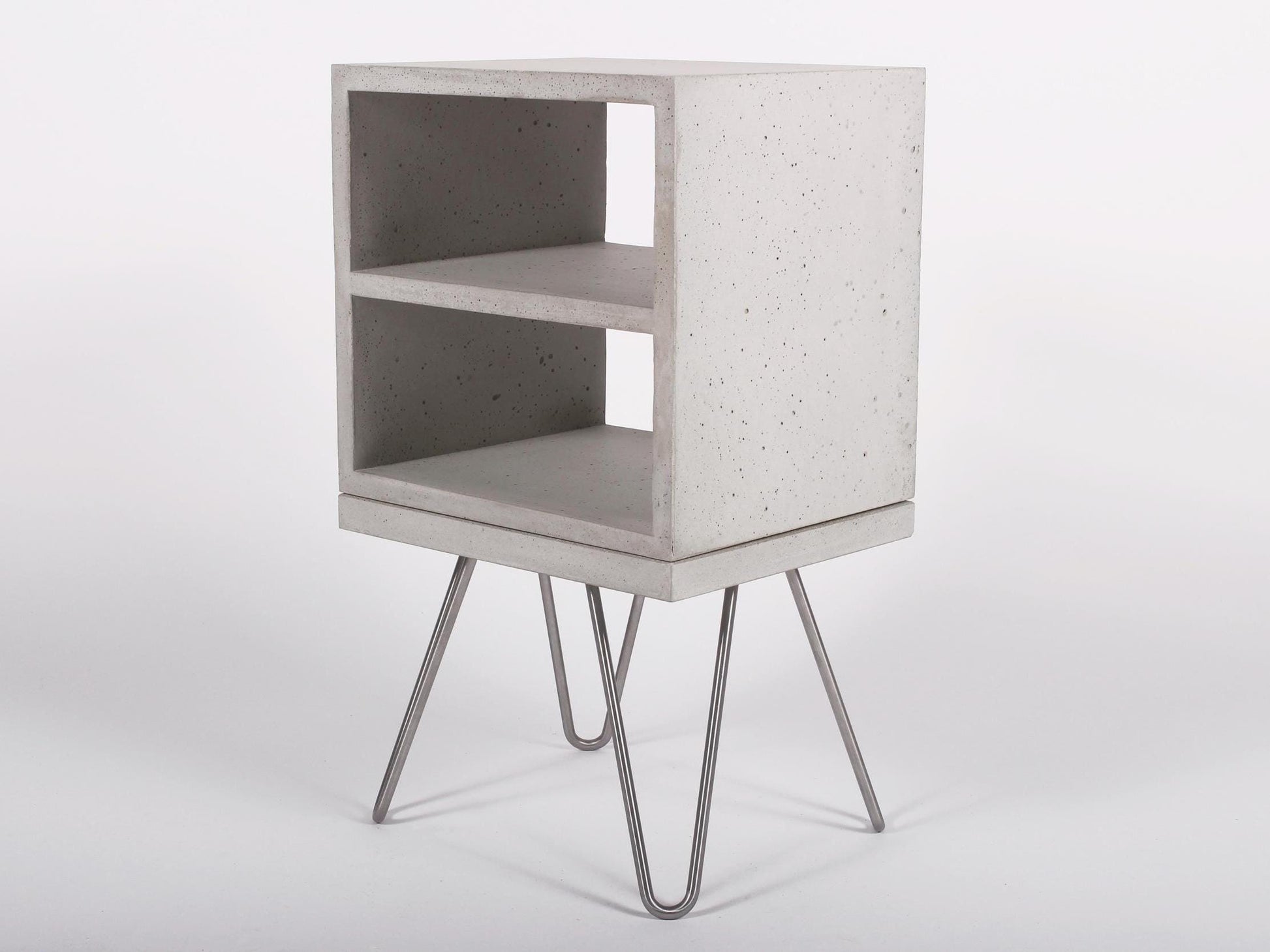 Grey concrete bedside double shelf table with hairpin legs