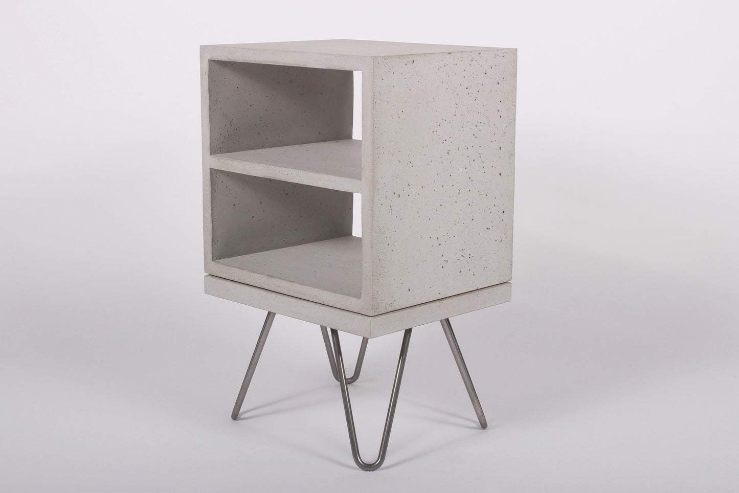 Grey concrete bedside double shelf table_isometric view