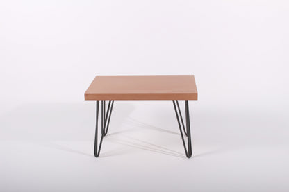 Small terracotta table with black metal legs on a white background