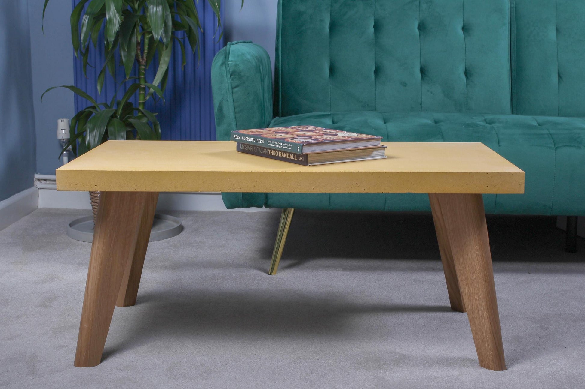 Large yellow concrete table with oak legs