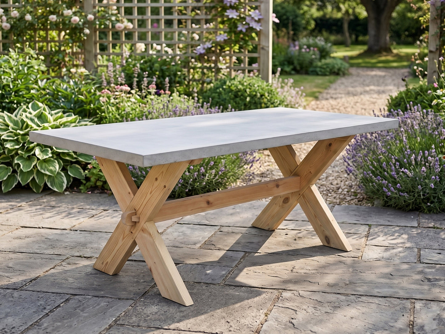Large concrete dining table in garden