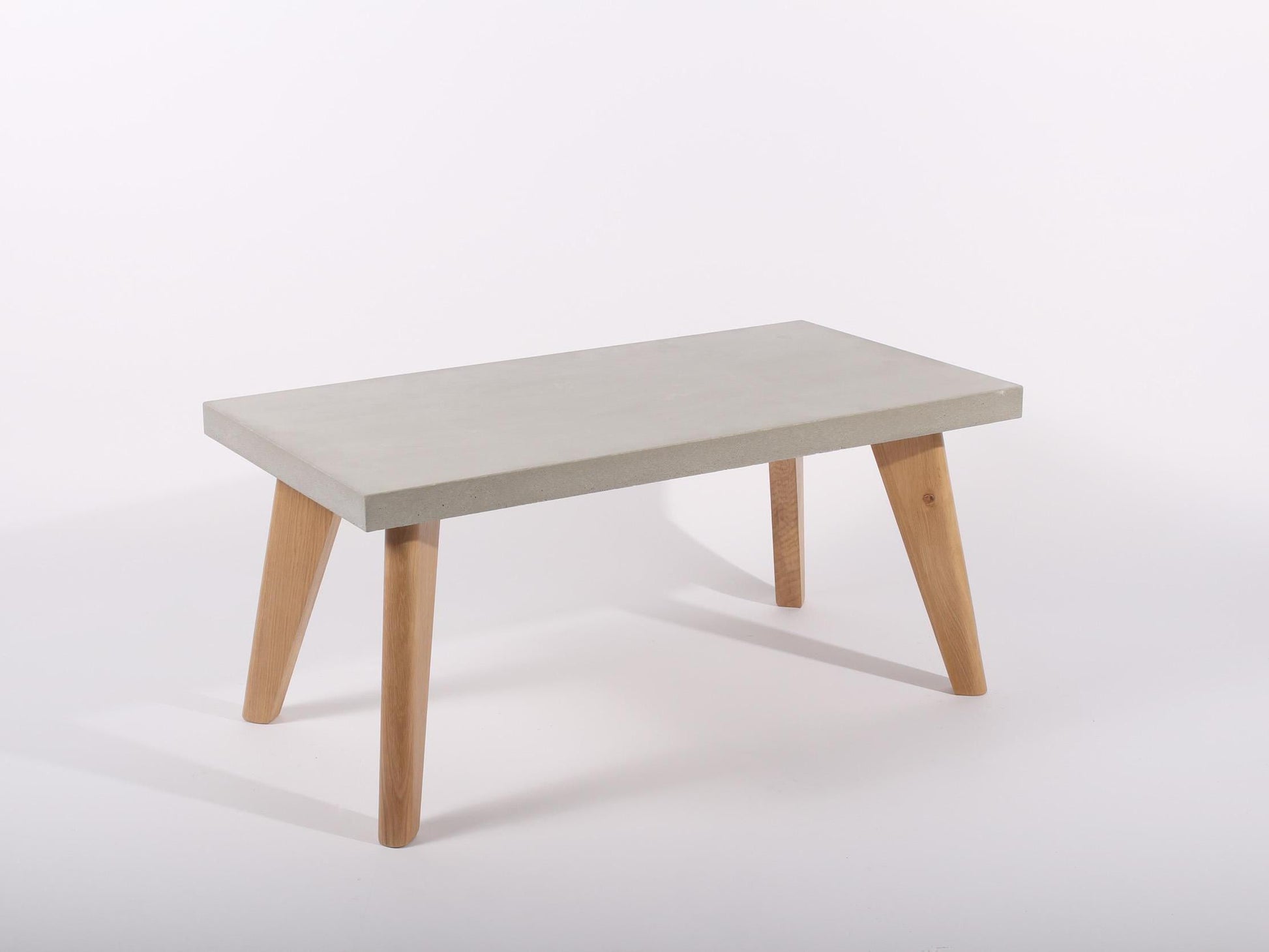 Large grey concrete table oak legs isometric view