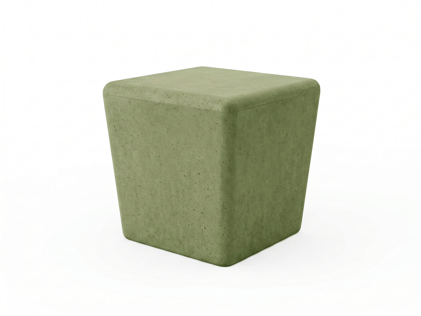 Green cube-shaped concrete stool on a white background