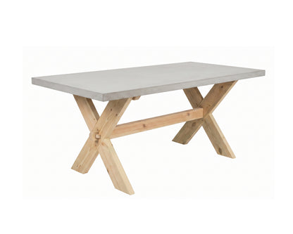 Concrete outdoor dining table with wooden legs on white background