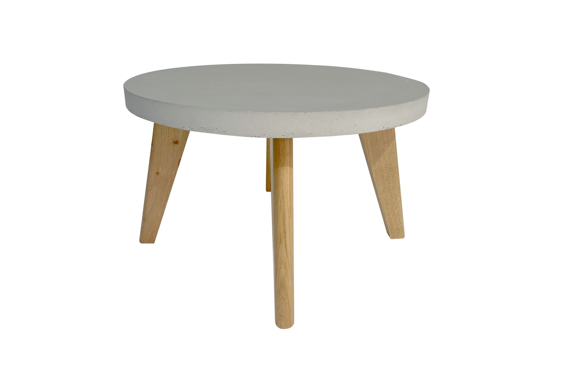 Round coffee table with a white top and wooden legs on a white background