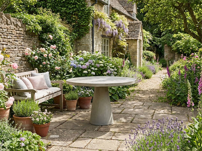 Garden scene with a round concrete stone table, bench, and potted plants in a quaint village setting.