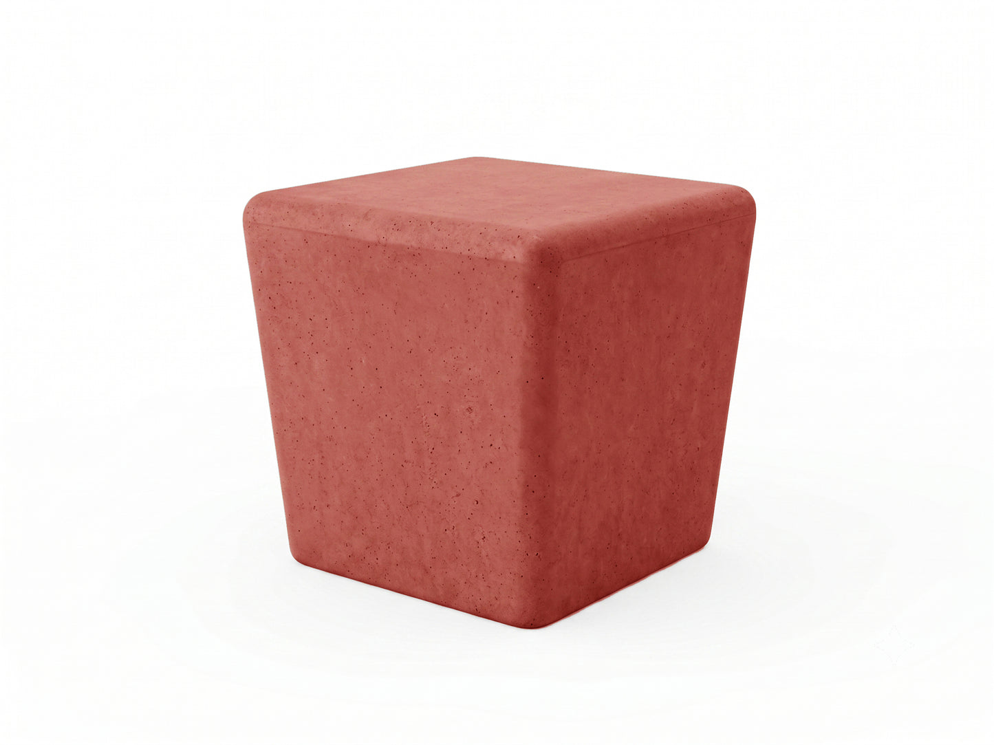 Red cube-shaped concrete stool on a white background