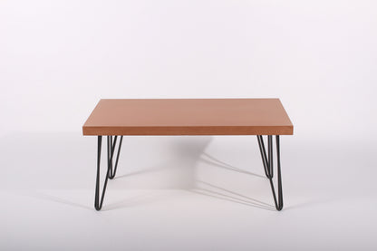 terracotta table with black hairpin legs on a white background