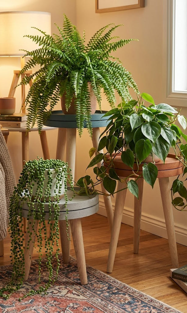 3 tables with plants on - concrete