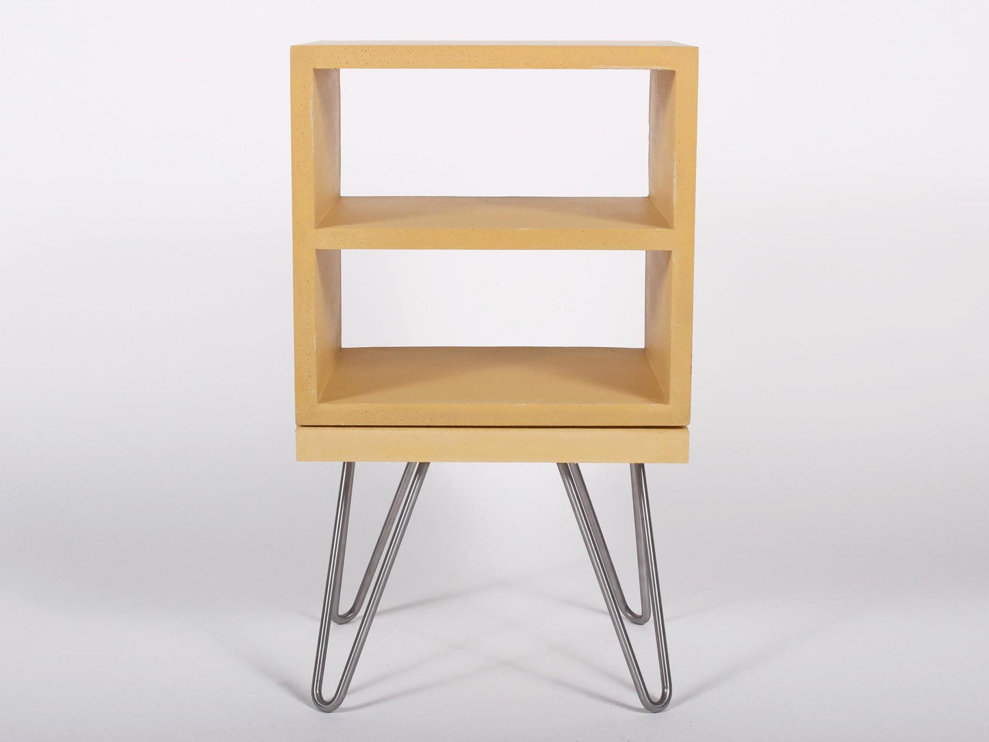 Yellow concrete bedside double shelf table with hairpin legs