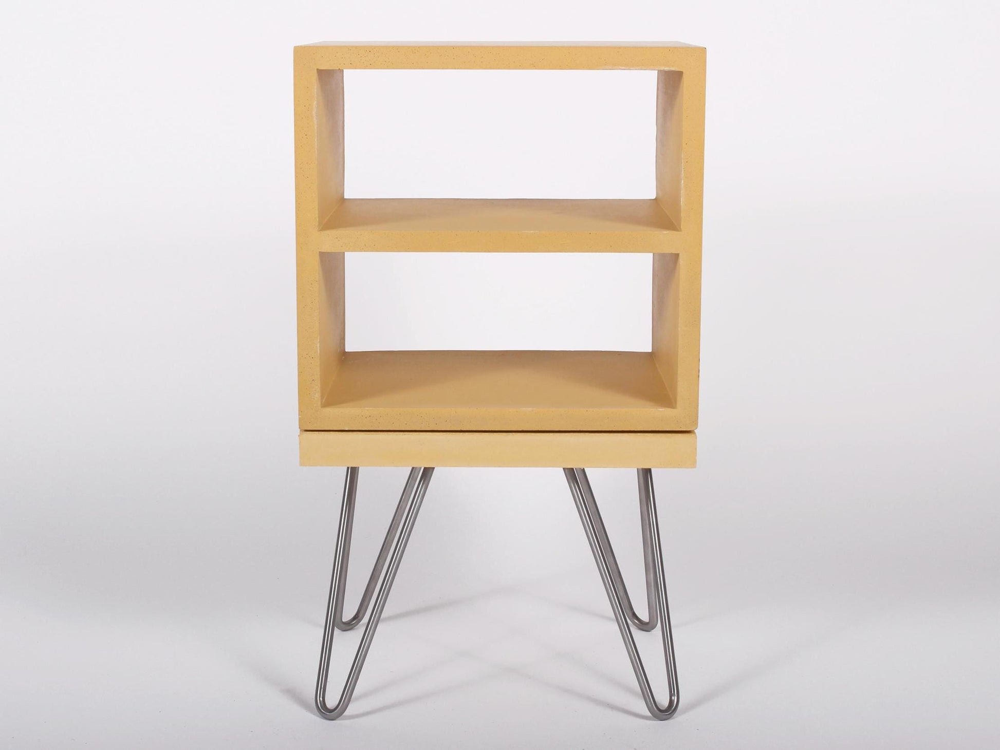 Yellow concrete bedside double shelf table with hairpin legs
