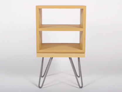 Yellow concrete bedside double shelf table with hairpin legs
