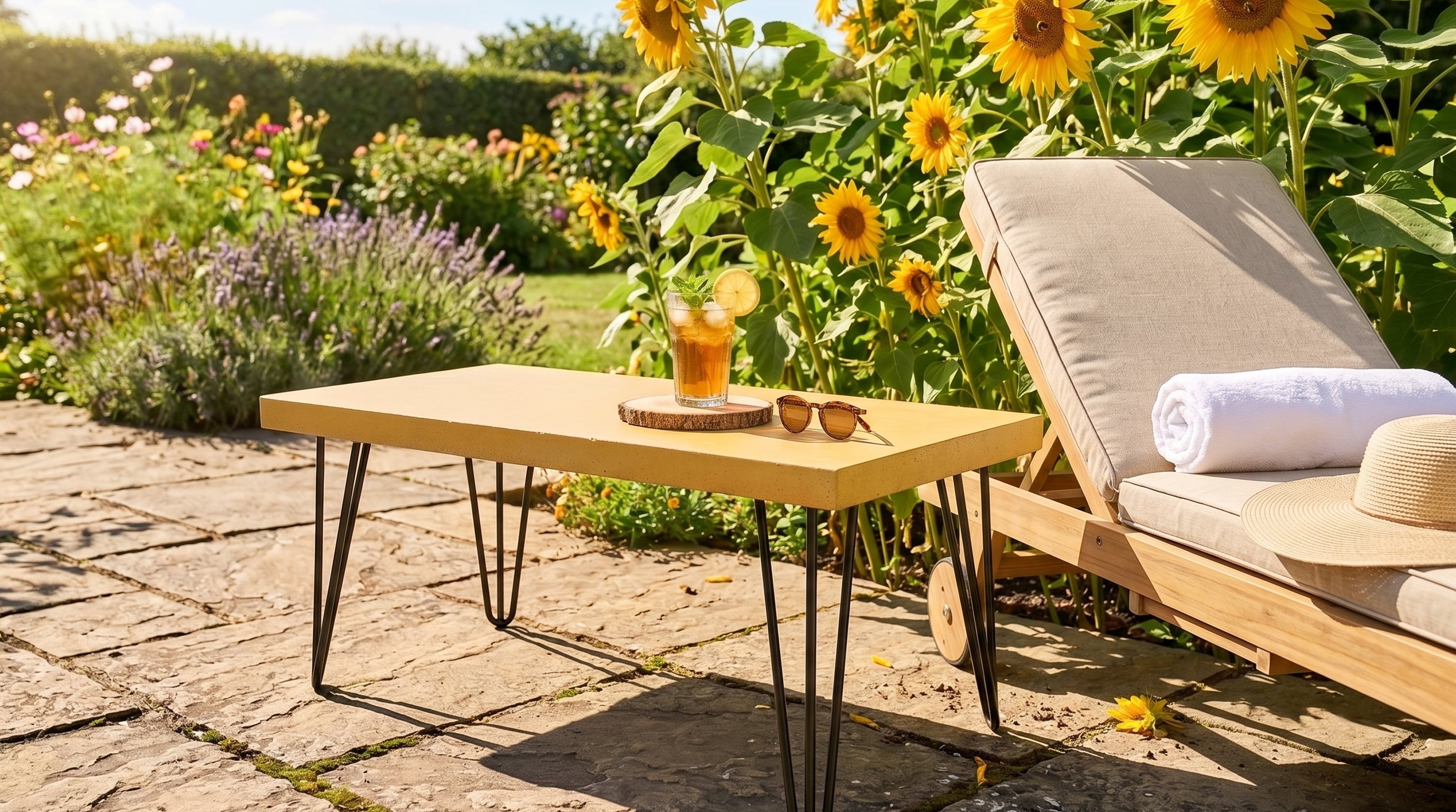 Outdoor setting with a garden table, lounge chair, and sunflowers in a garden.