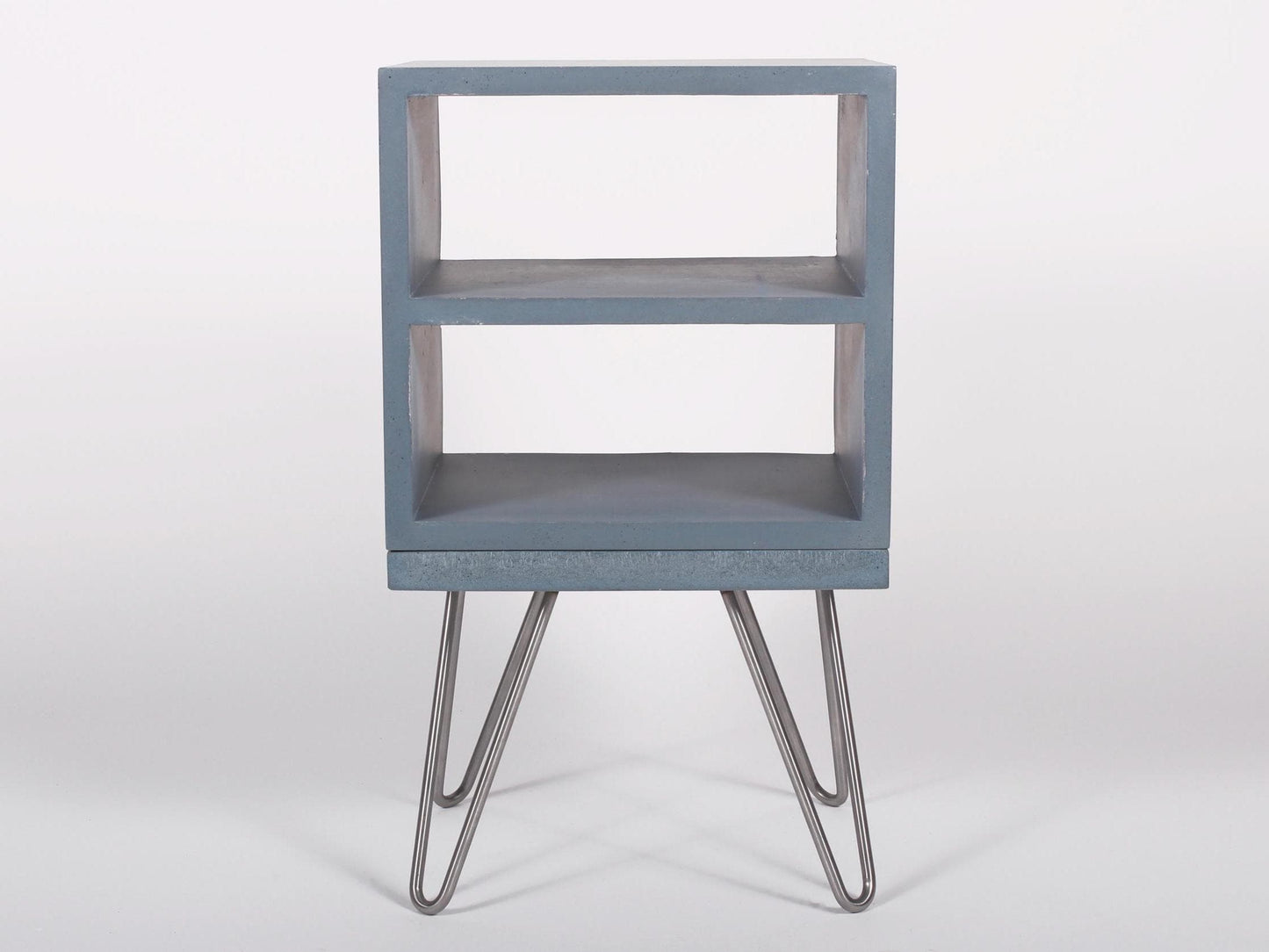 blue concrete bedside double shelf table with hairpin legs