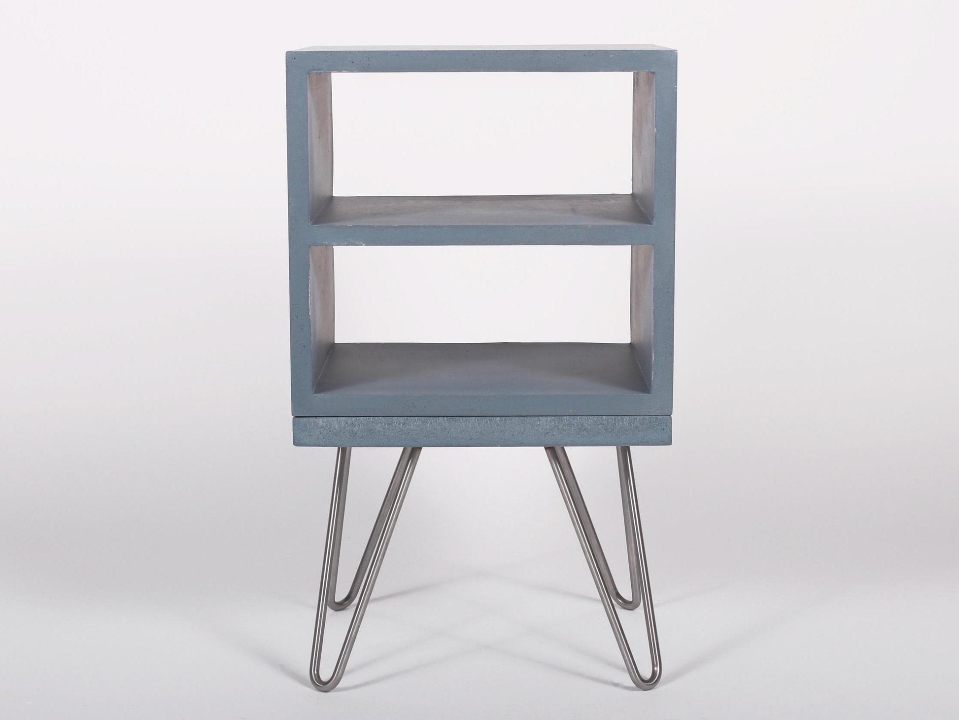 blue concrete bedside double shelf table with hairpin legs