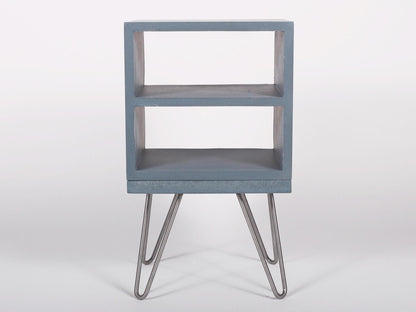 blue concrete bedside double shelf table with hairpin legs