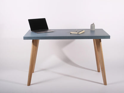 blue concrete table for home office desk with oak legs
