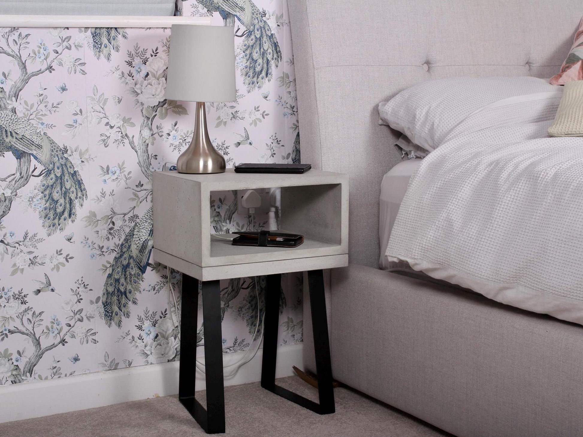 concrete bedside table with trapezium legs