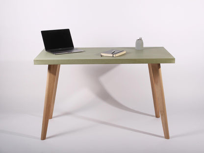 green concrete table for home office desk with oak legs