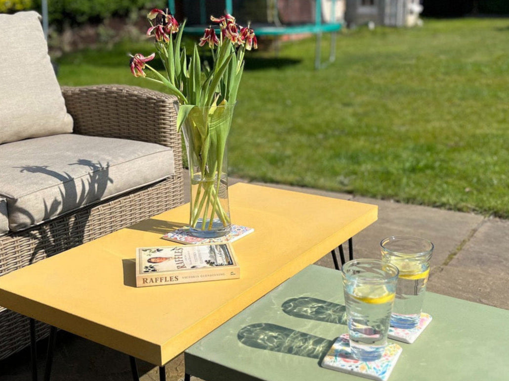 colourful outdoor concrete tables