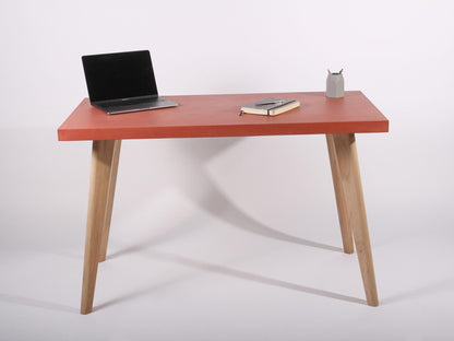 red concrete table for home office desk with oak legs