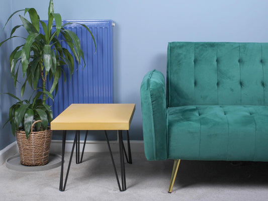 small yellow table with hairpin legs