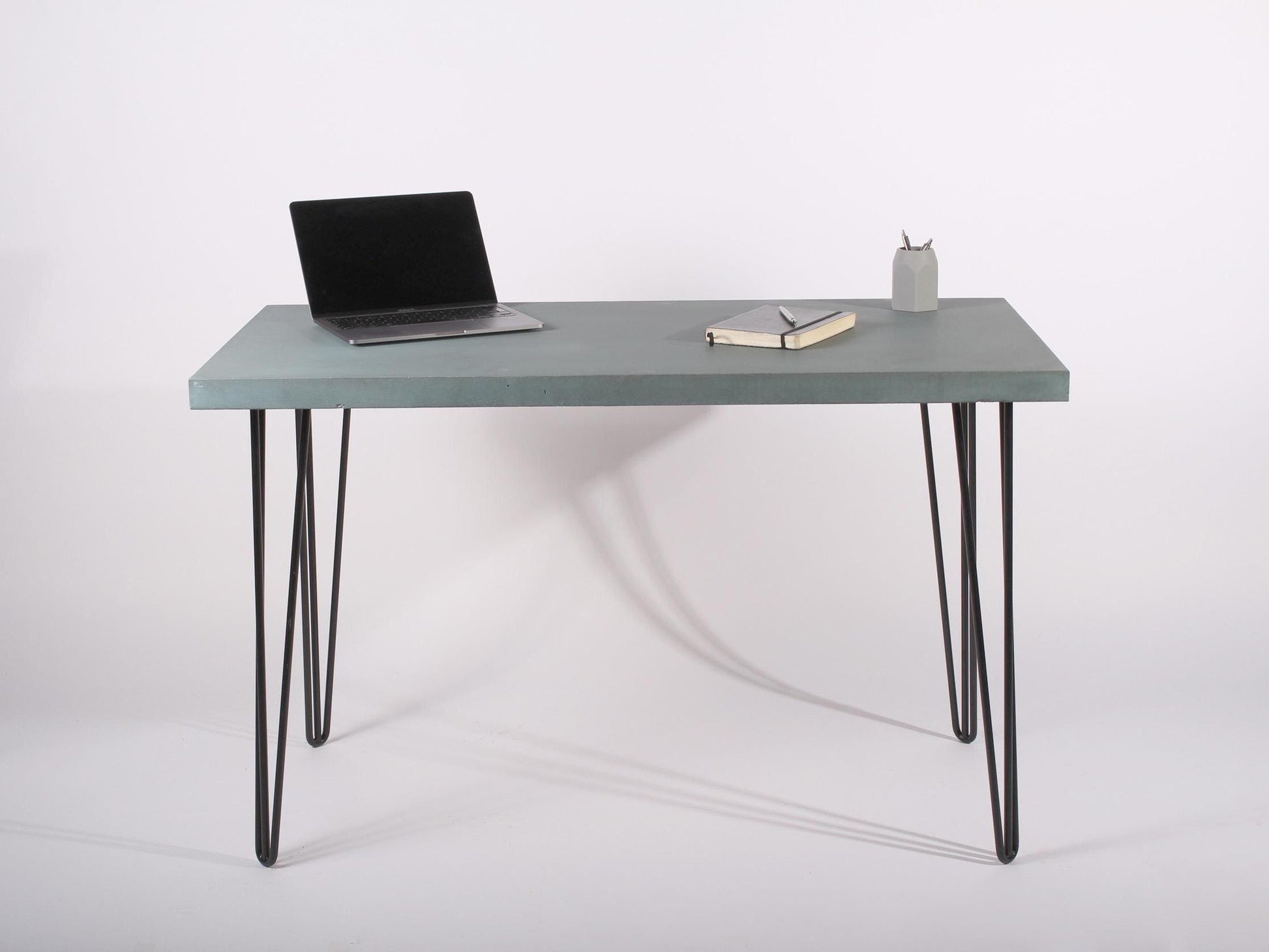torquoise concrete home office desk with hairpin legs
