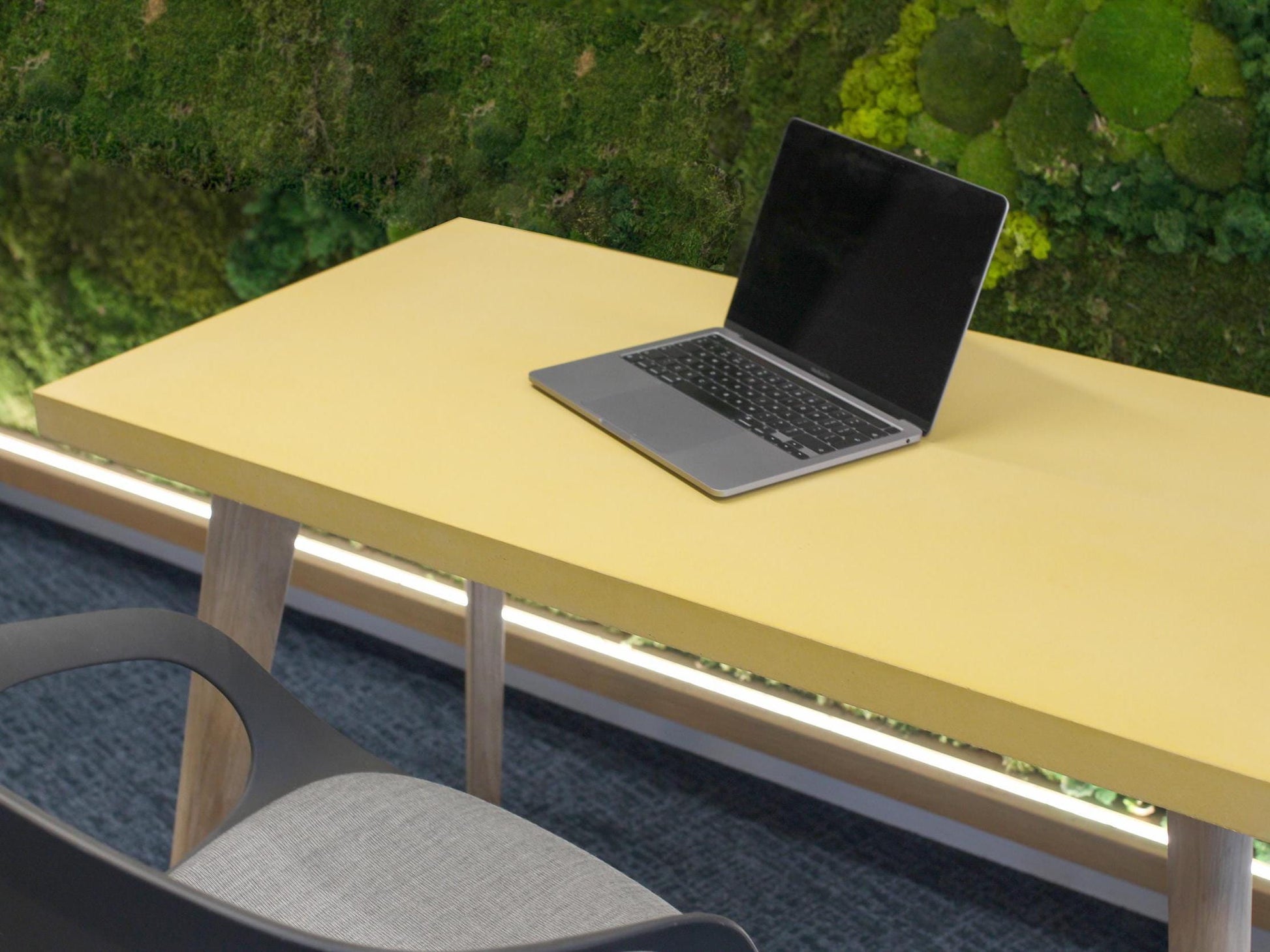 yellow concrete table for home office desk with oak legs