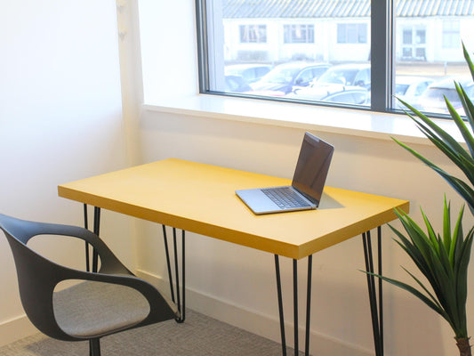 yellow concrete home office desk with hairpin legs